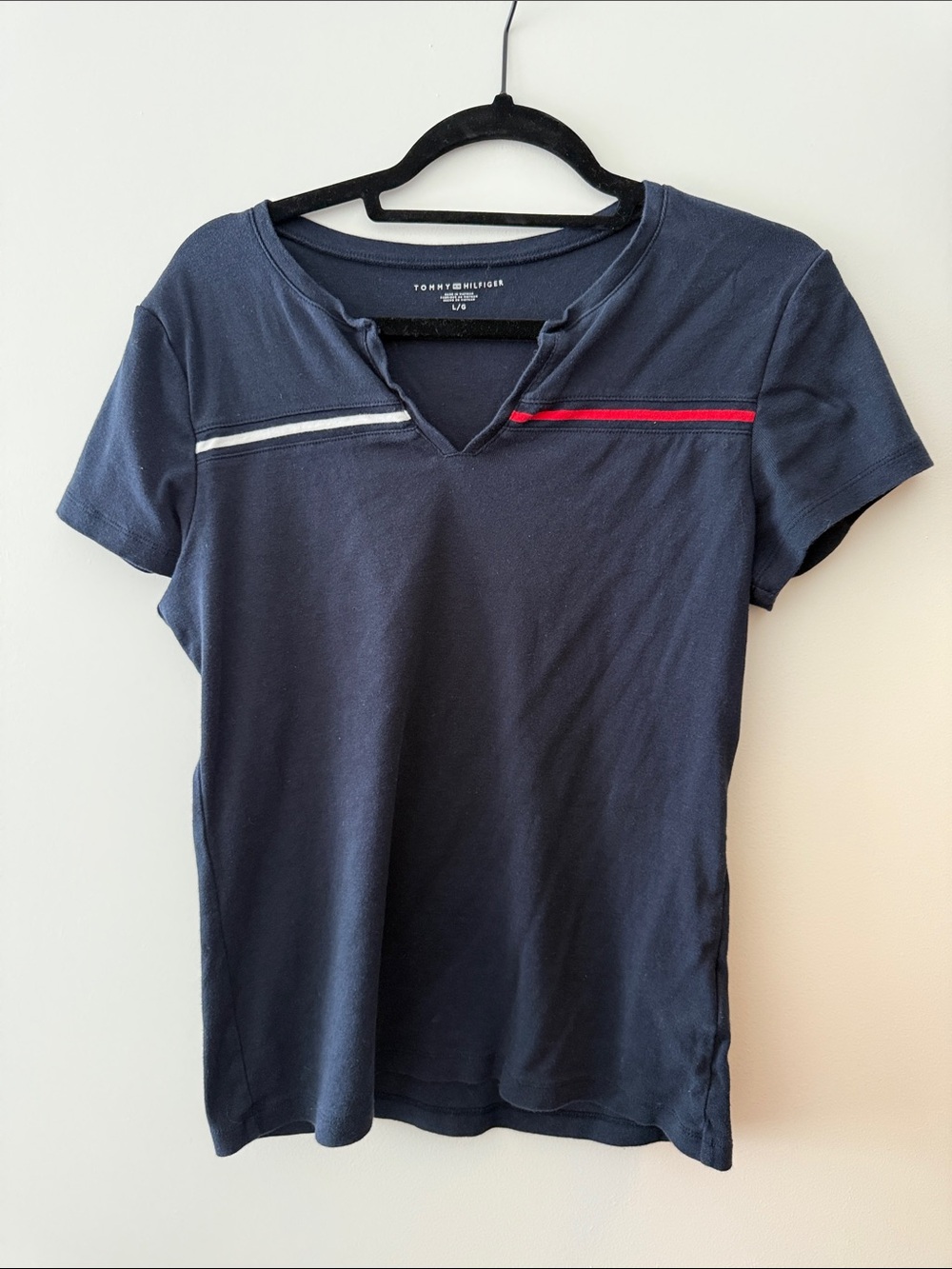 Tommy Hilfiger Navy Short Sleeve Tee with Red & White Stripe Accents